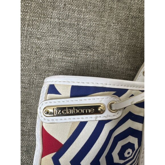 Liz Claiborne Handbag Beach Umbrella Print White Handles Red Striped Interior - Picture 3 of 11